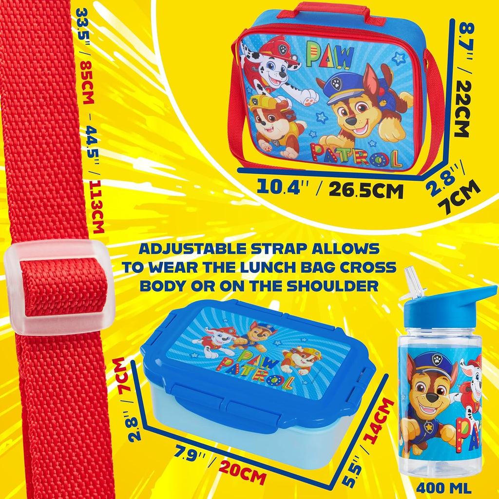 Paw Patrol Kids' Water Bottle & Lunch Box Set - Insulated 3-Piece Bag for School & Travel (Blue)