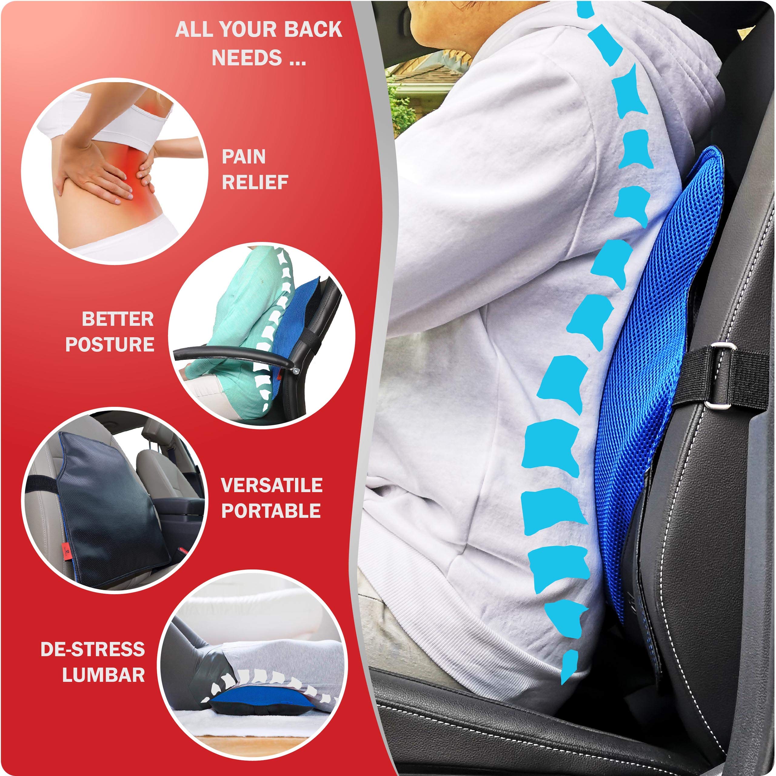 AJUVIA JazzRX 3-in-1 Back Support Office Chair Cushion for Immediate Pain Relief, Air-Cell Technology Orthopedic Lumbar Pillow for Car Seat