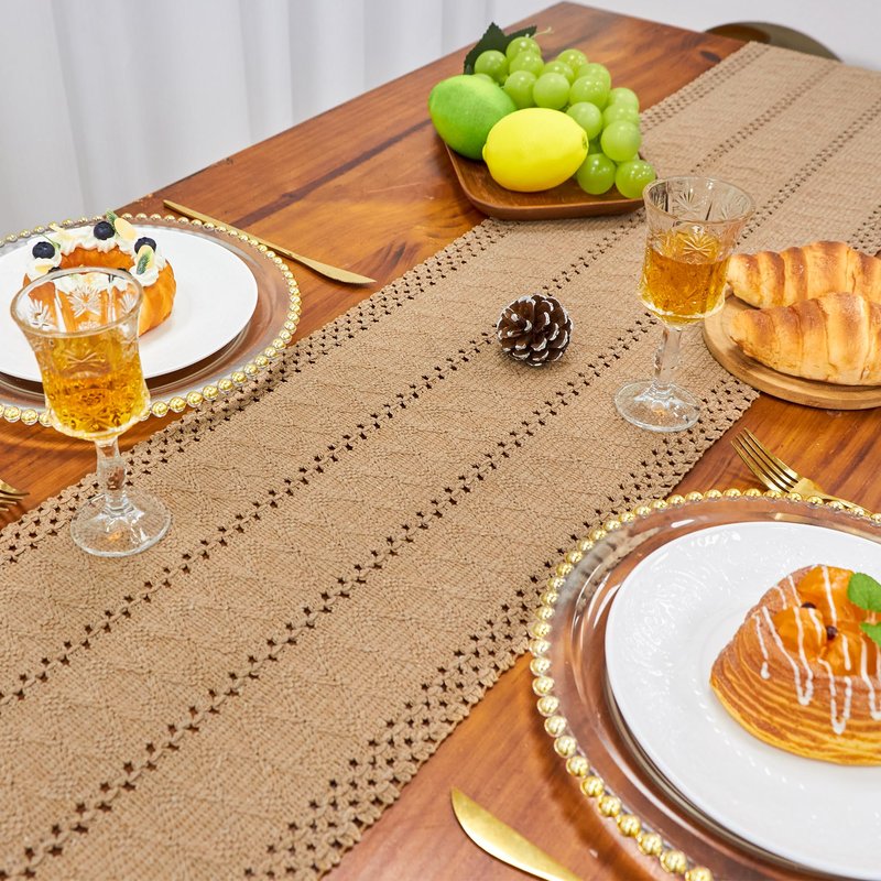FEXIA Brown Table Runner Boho Burlap Coffee Table Runner with Tassels 90 Inches Long for Farmhouse Home Decor Modern Fall for Bohemian Dining Bedroom Decor Rustic Style (12x90 Inches)