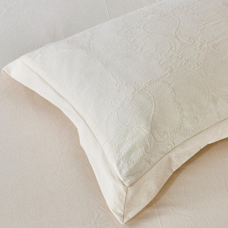 YuHeGuoJi Beige Yellow Jacquard Duvet Cover Queen 100% Cotton 3 Pcs Set 1 Cream Yellow Textured Duvet Cover with Zipper Ties 2 Pillow Shams Washed Cotton Damask Floral Wide Trim Bedding Set Soft