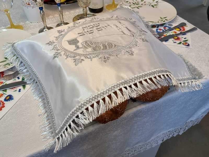 TALISMAN4U Challah Bread Cover Shabbat Table Embroidery Silver Fringes Art Judaica Gift 20" x 17"