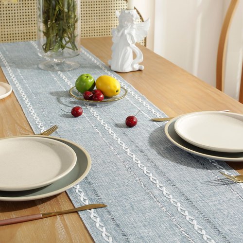 JIALE Table Runner, Rustic Farmhouse Table Runners with Tassels, Boho Cotton Linen Table Runner for Table Decorations, Holiday Party and Wedding, 90 Inches,Blue
