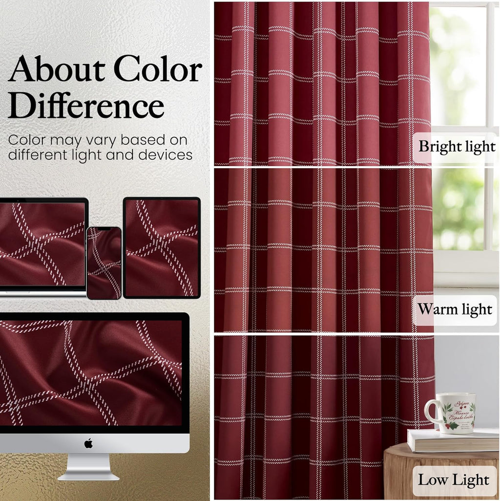 NICETOWN 100% Blackout Red Plaid Curtains - 84 Inch Long Thermal Insulated Drapes | 2 Panels Set for Living Room