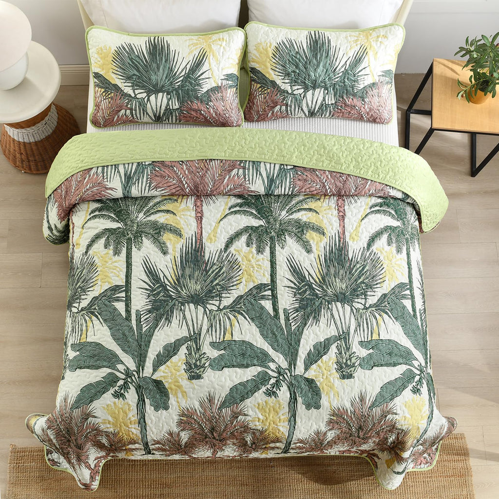 Luxudecor Tropical Plants Quilt Set Queen Size 3 Pieces Green and Brown Palm Botanical Bedspread Rainforest Style Bedding Set Soft Lightweight Bed Cover All Season 96"x90"