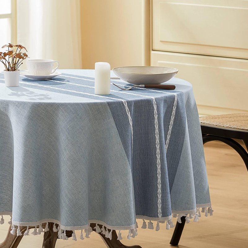 ZeeMart Contrast Linen Round Tablecloth 60 Inch Blue, Farmhouse Style Round Table Cloth Heavy Weight Dusty Blue Tablecloths, Water Resistant Burlap Table Cloths