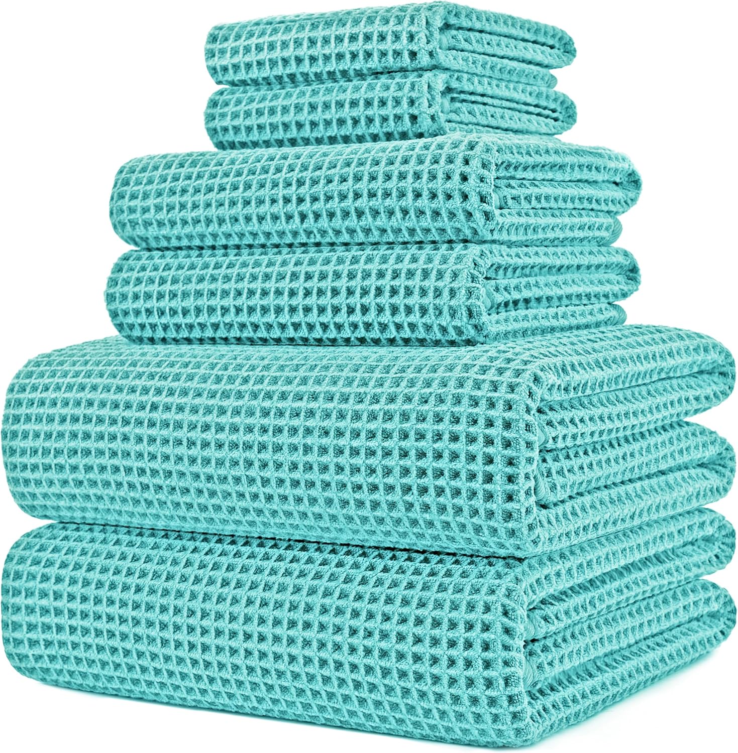 POLYTE Microfiber Bath Towel Set - Quick Dry, Lint-Free, Oversize, 6 Pieces | Waffle Weave Design