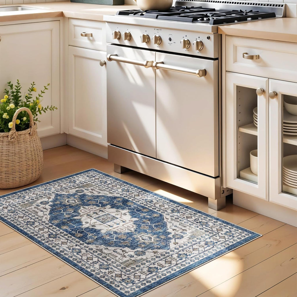 Skiennix Vintage Area Rug - Washable Indoor Soft Entryway Mat with Non-Slip Backing | 2x3, Blue