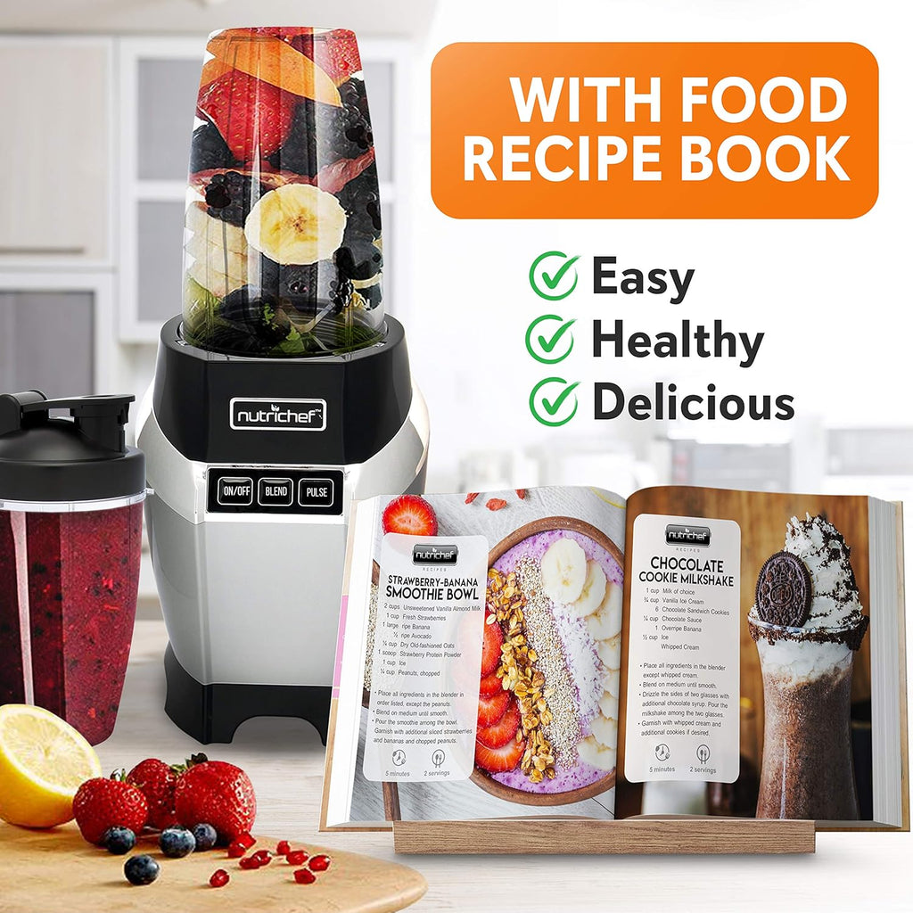 NutriChef Personal Electric Blender - Compact Mini Blender for Smoothies & Shakes | 20 & 24 oz Cups, Black