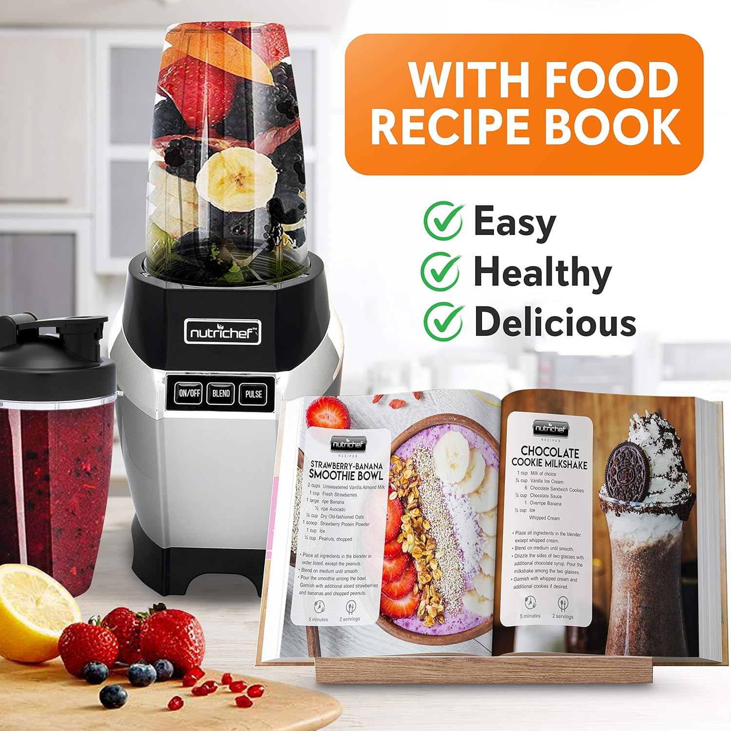 NutriChef Personal Electric Blender - Compact Mini Blender for Smoothies & Shakes | 20 & 24 oz Cups, Black