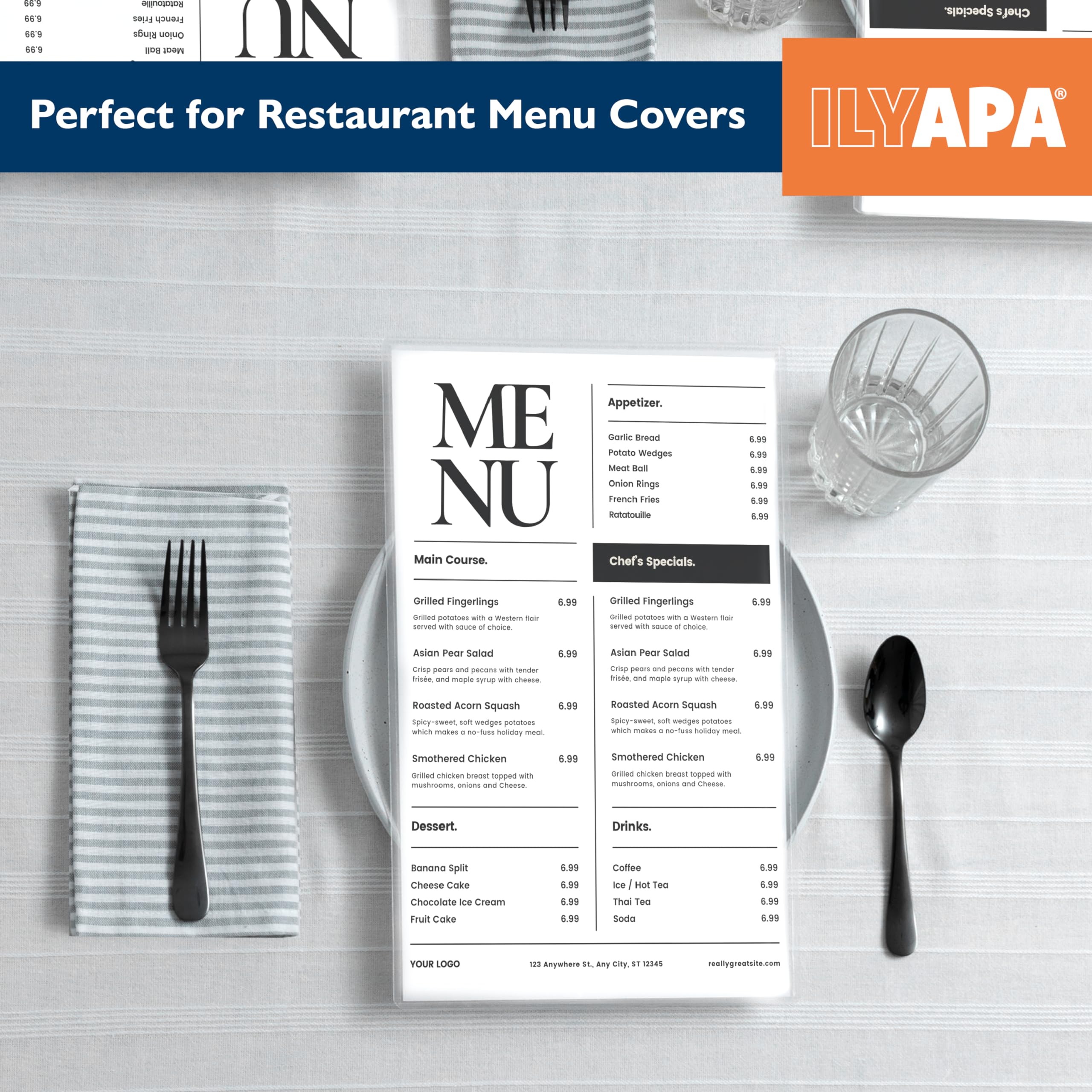 Ilyapa Restaurant Menu Covers 11 x 17 Inch - 30 Pack, Single Page, 2 View Clear Menu Holder Sleeves, Durable PVC Sheet Protector to Cover Inserts