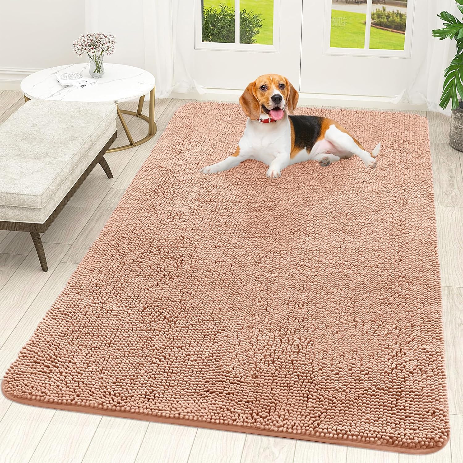 OLANLY Dog Door Mat - Absorbent Non-Slip Washable Doormat for Muddy Paws | 59x35, Quick Dry Chenille, Peach