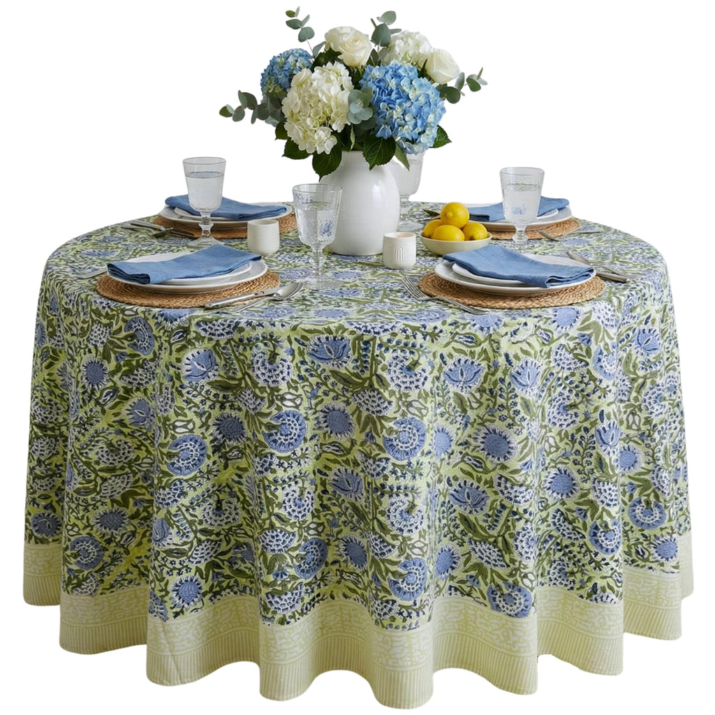 ATOSII Amara 100% Cotton Round Summer Tablecloth, Handblock Print Floral Table Cloth for Kitchen Dining Linen I Parties, Weddings, Outdoors I Grand Millennial Farmhouse Home Decor 90" Inches Round