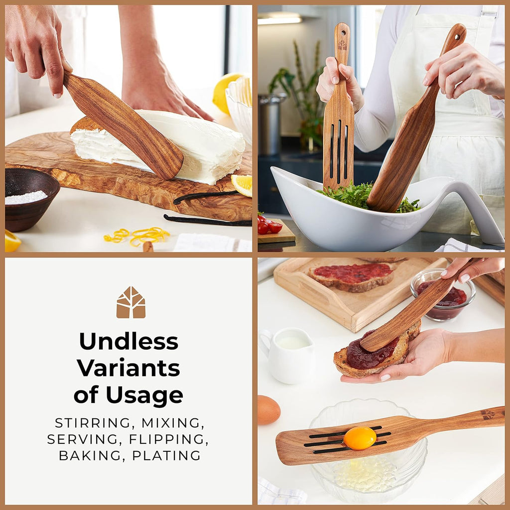 Woodenhouse Teak Spurtle Set of 5 - Non-Stick Kitchen Tools for Serving, Stirring & Mixing