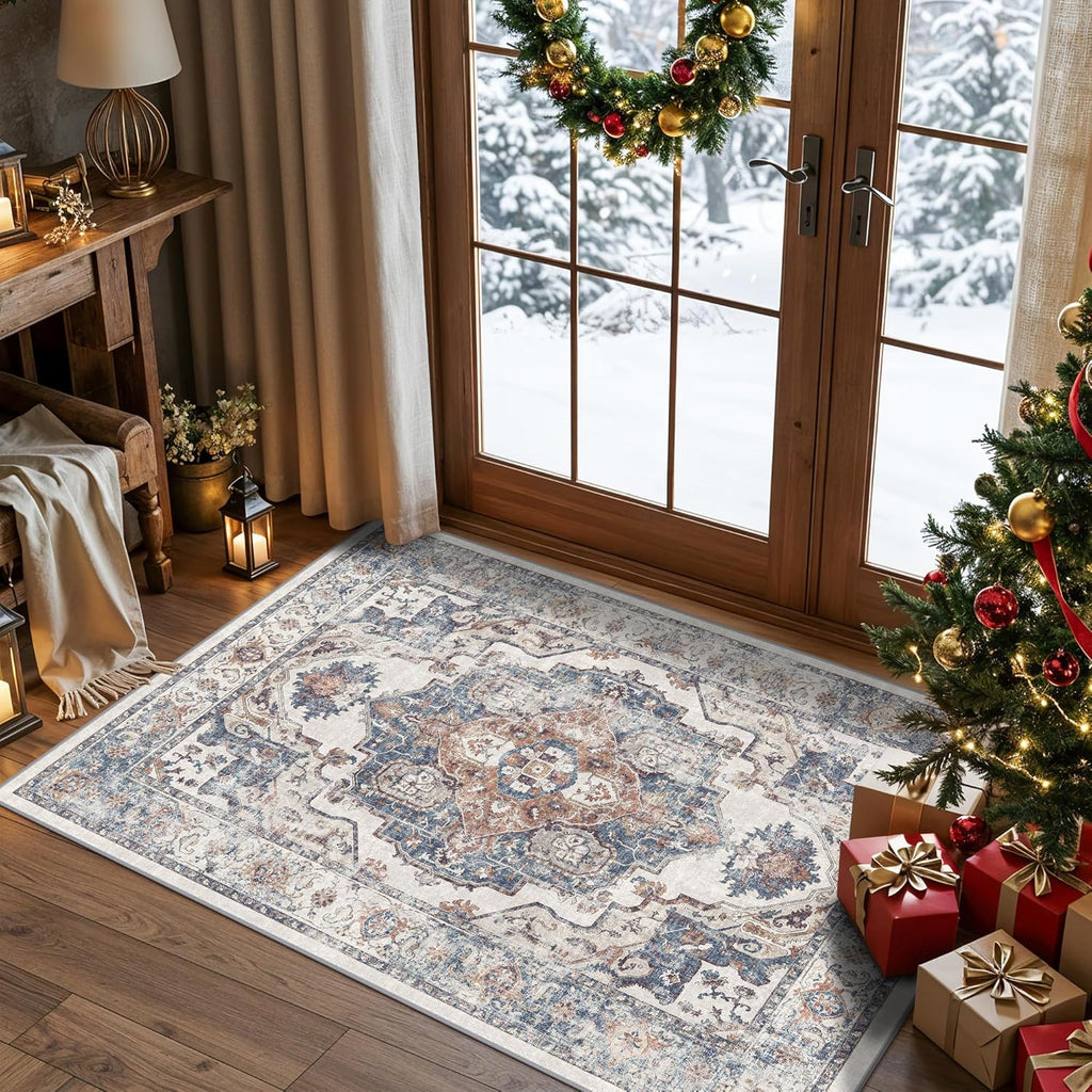 Skiennix Washable 3x4 Entryway Area Rug - Non-Slip, Water-Resistant Carpet for Kitchen & Bathroom (Brick)