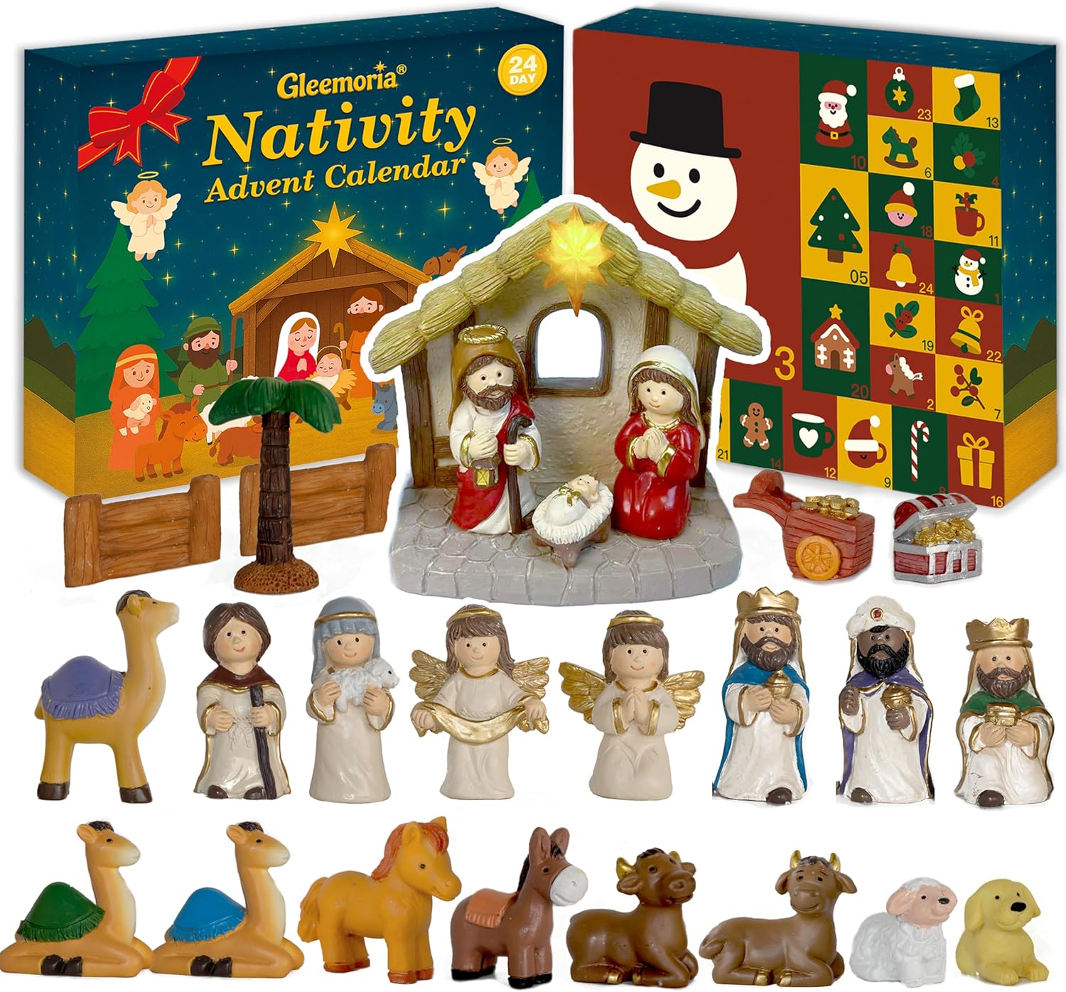 Nativity Advent Calendar 2025 - Light-Up Nativity Scene Set with Resin Figures for Kids
