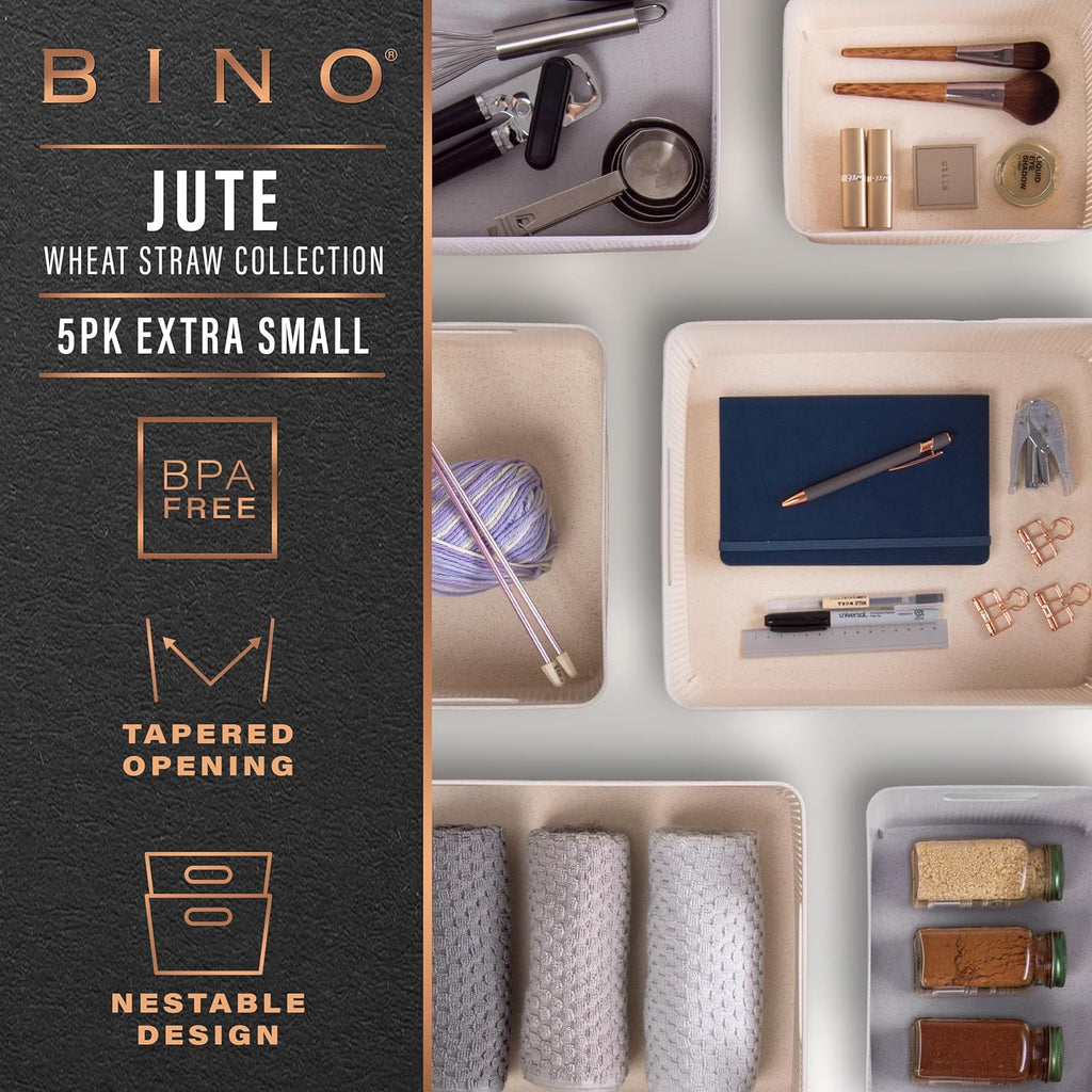 BINO Woven Plastic Basket - Stylish Natural Grey XS | 5-Pack for Space-Saving Home Organization