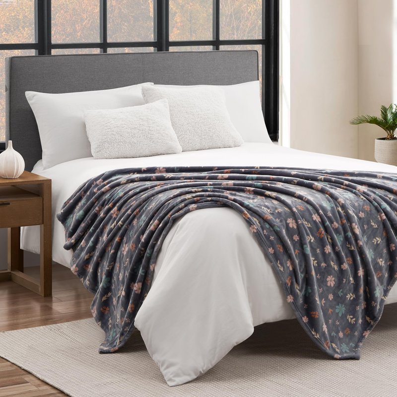 Lucky Brand Luxurious Fuzzy Blanket for Sofa or Bed, Tossed Blooms Plush Throw Blanket, 50" x 70", Gray Floral