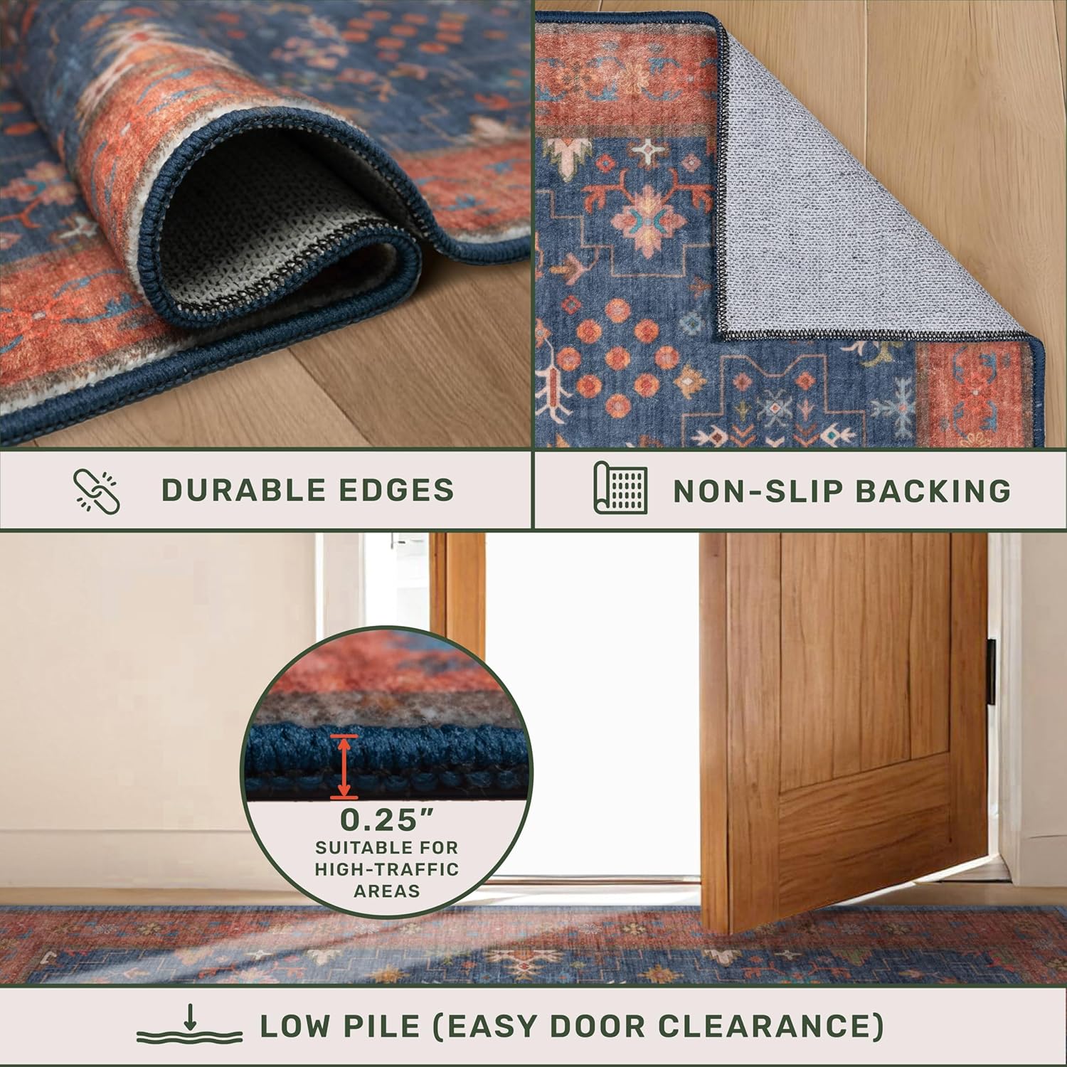 Skiennix Navy Blue Washable Runner Rug - 10 ft Long, Pet-Friendly, Non-Slip, Stain Resistant, 2'6" x 10'