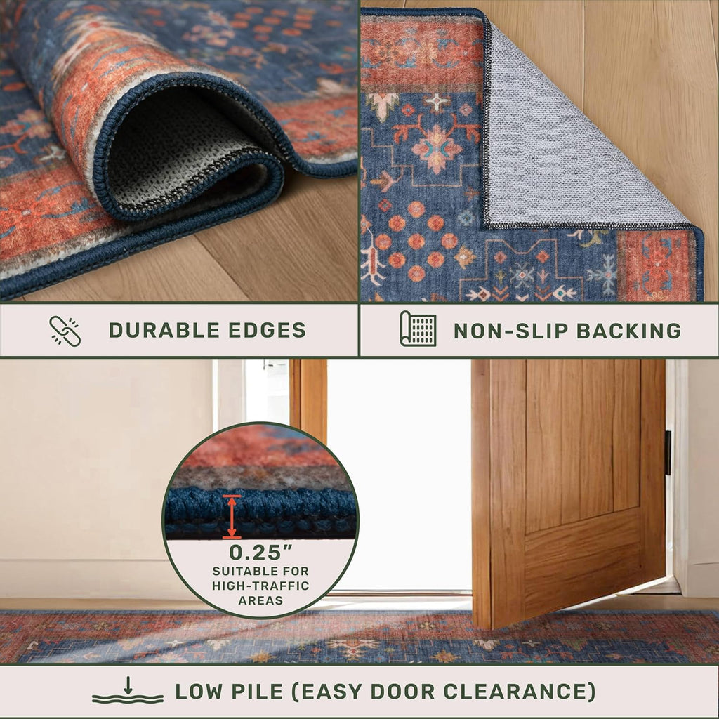 Regine Switzerland Navy Blue 2x8 Long Runner Rug - Washable, Non-Skid, Stain Resistant for Kitchen & Entryway