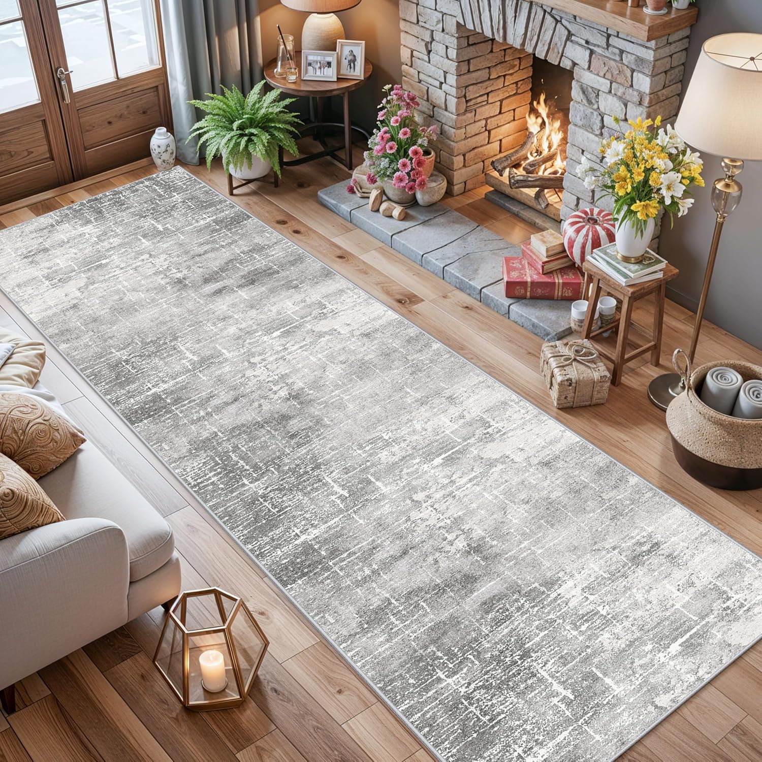 Skiennix Washable Long Hallway Runner Rug - Non-Slip Soft Abstract Design | 2'6"x12" Light Grey Carpet for Home & Office