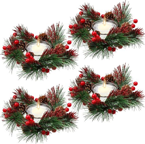 Dingion Christmas Candle Rings Set - 8 Pieces with Berry & Pinecone Holders for Votive Tapers | Wedding Decor