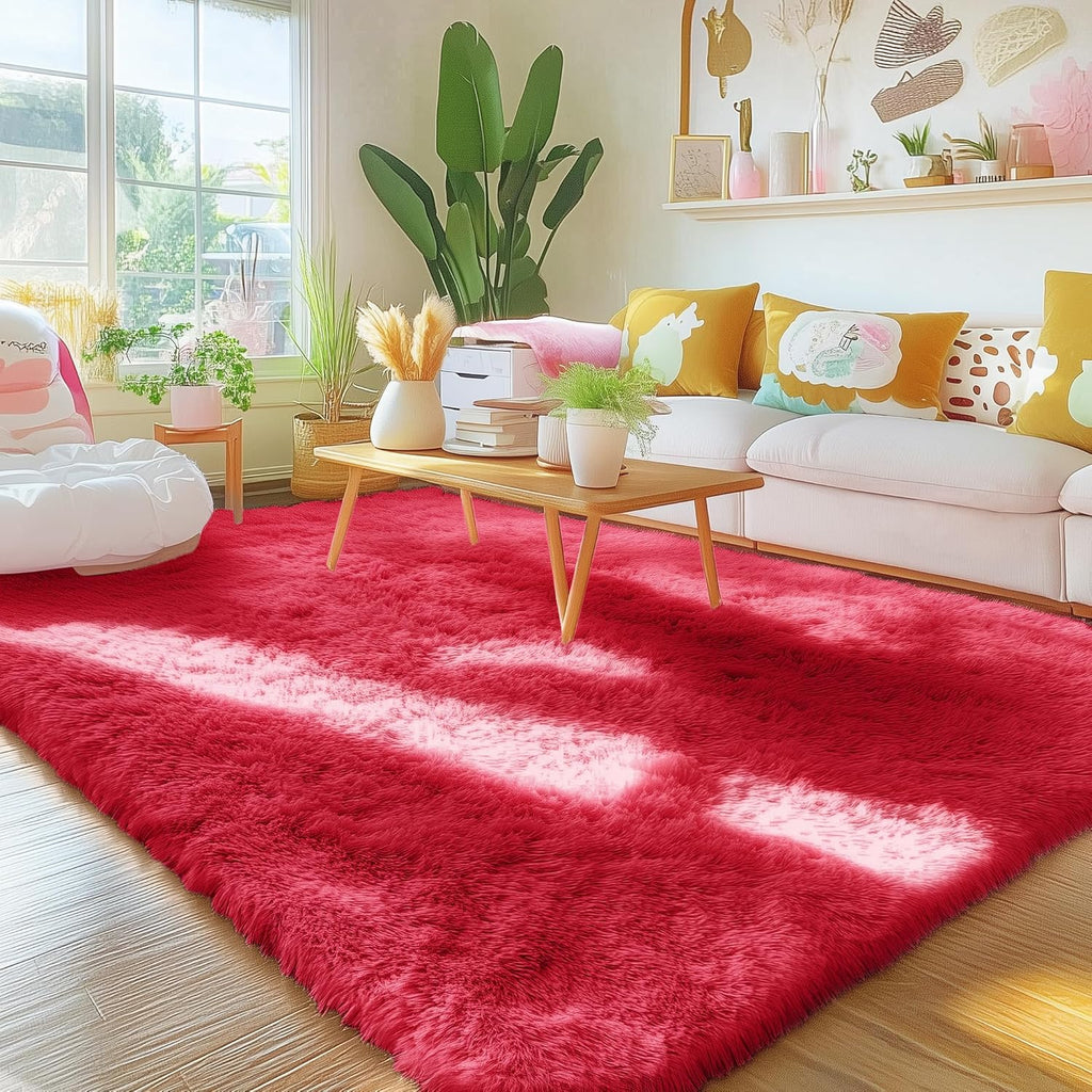OLANLY Area Rug - Soft Fluffy Shaggy Carpet for Living Room & Bedroom | Machine Washable 4x5.9 ft - Red