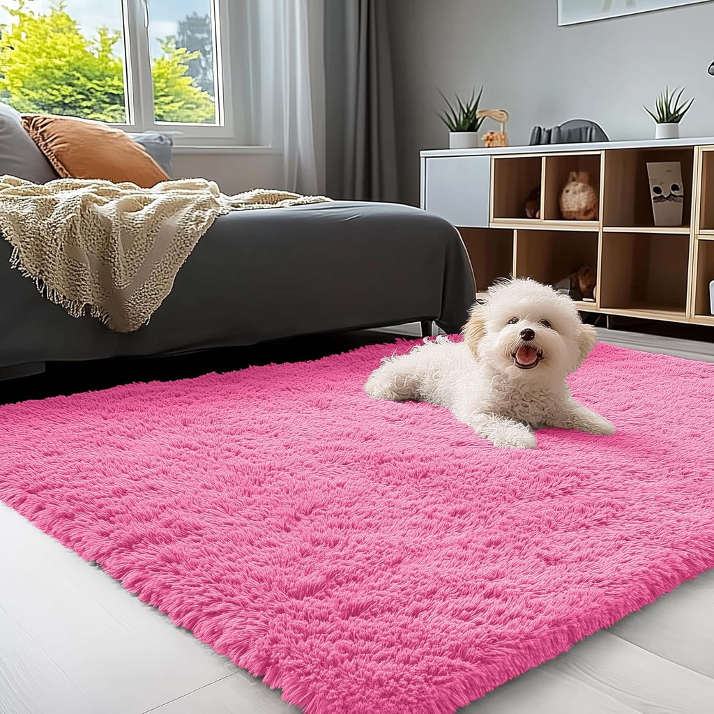 OLANLY Soft Fluffy Shaggy Bedside Rug - Machine Washable 3x5 Hot Pink Carpet for Kids & Nursery Decor