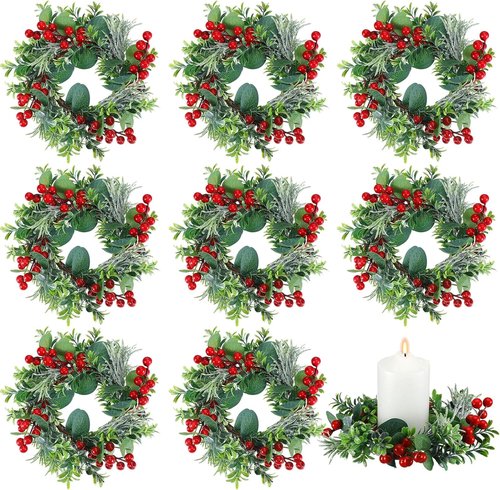 Daifunli Mini Wreaths - 8 Inch Christmas Candle Rings with Red Berries & Eucalyptus | Perfect for Home Decor