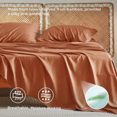 Bedsure King Size Cooling Sheets Set - Breathable Rayon from Bamboo, Soft & Silky, Deep Pocket Up to 16 Inches, Burnt Orange
