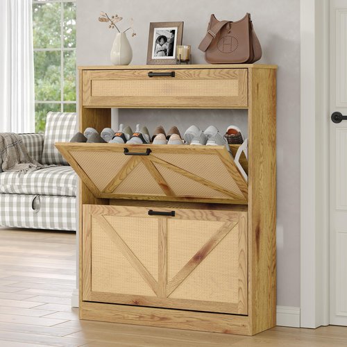 Diwnnue Wooden Shoe Storage Cabinet with 2 Rattan Flip Drawers, Farmhouse Freestanding Organizer for Hallway, Entryway, Foyer, Narrow Shoe Rack Cabinet, Rustic Oak Rattan