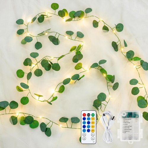 Eucalyptus Garland | 40 LED Fairy Lights with Remote & Timer - Dual Power (USB/Battery), IP44 for Cozy Home Decor
