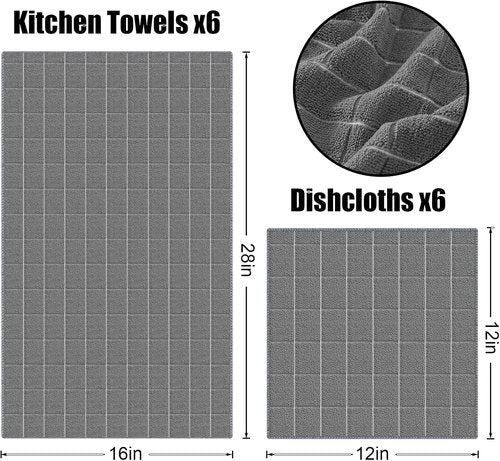 Homaxy Microfiber Kitchen Towels Set - 12 Pack Soft & Absorbent Quick-Drying Dishcloths | Grey, 28 x 16 Inch & 12 x 12 Inch