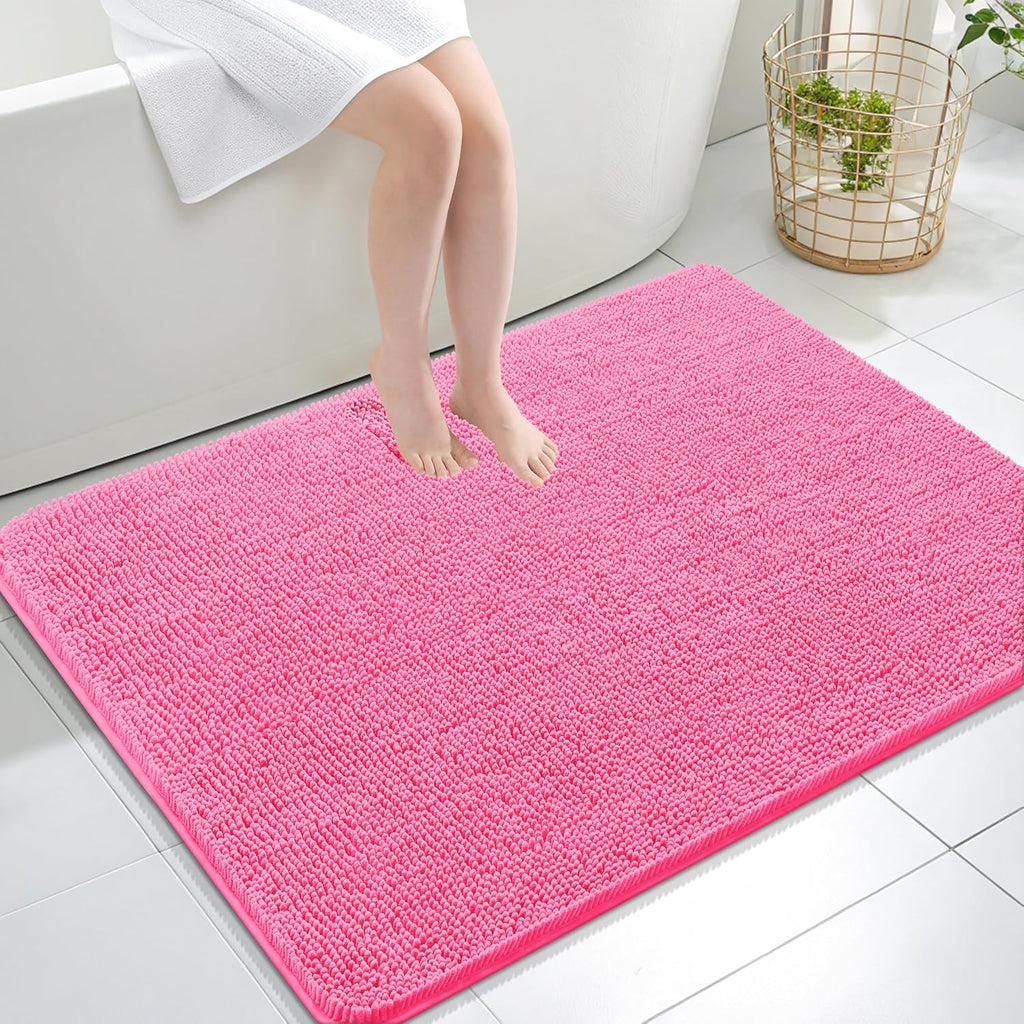 OLANLY Large Bath Rugs - Extra Soft Chenille with Quick-Dry Rubber Backing | 40x32, Hot Pink