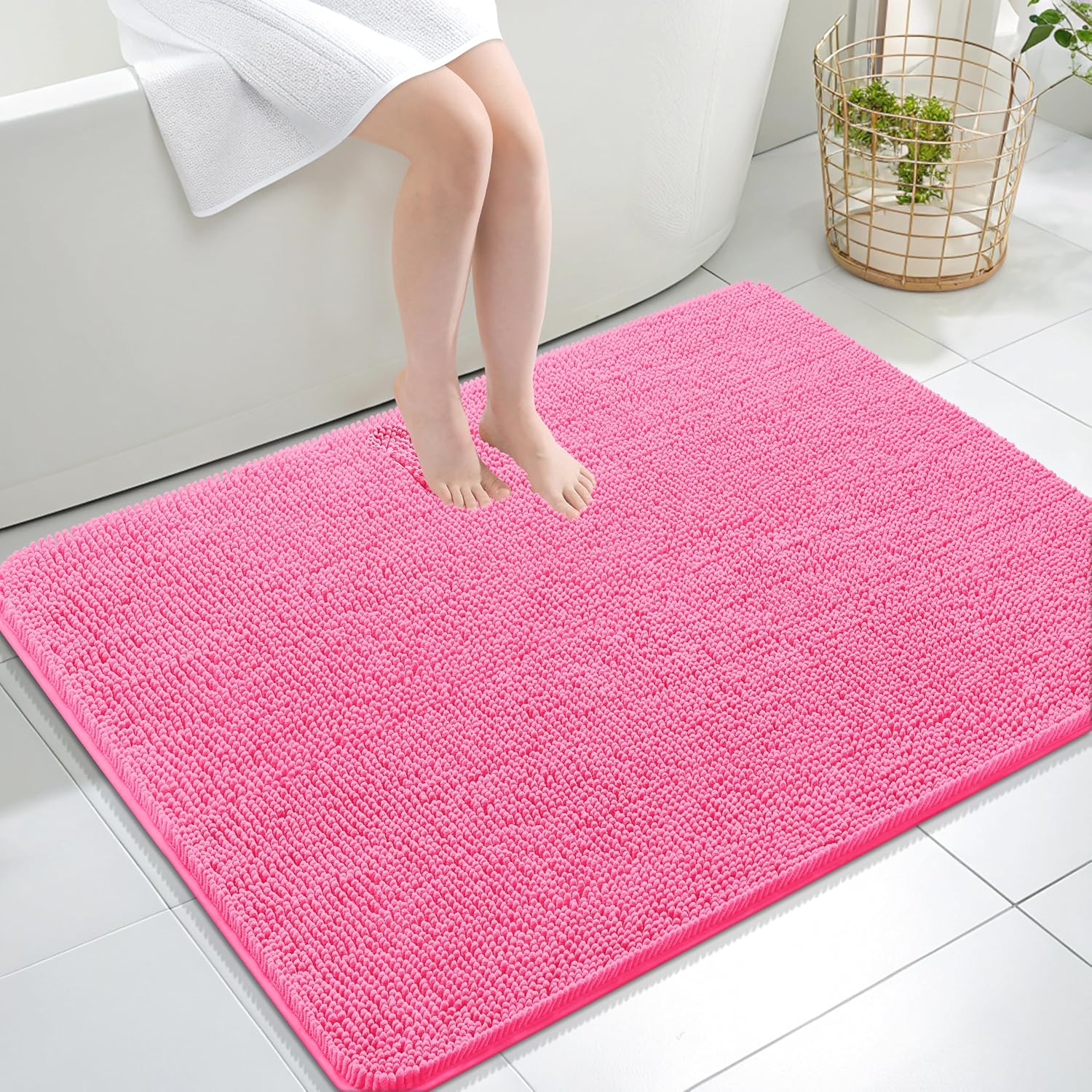 OLANLY Large Bath Rugs - Extra Soft Chenille with Quick-Dry Rubber Backing | 40x32, Hot Pink