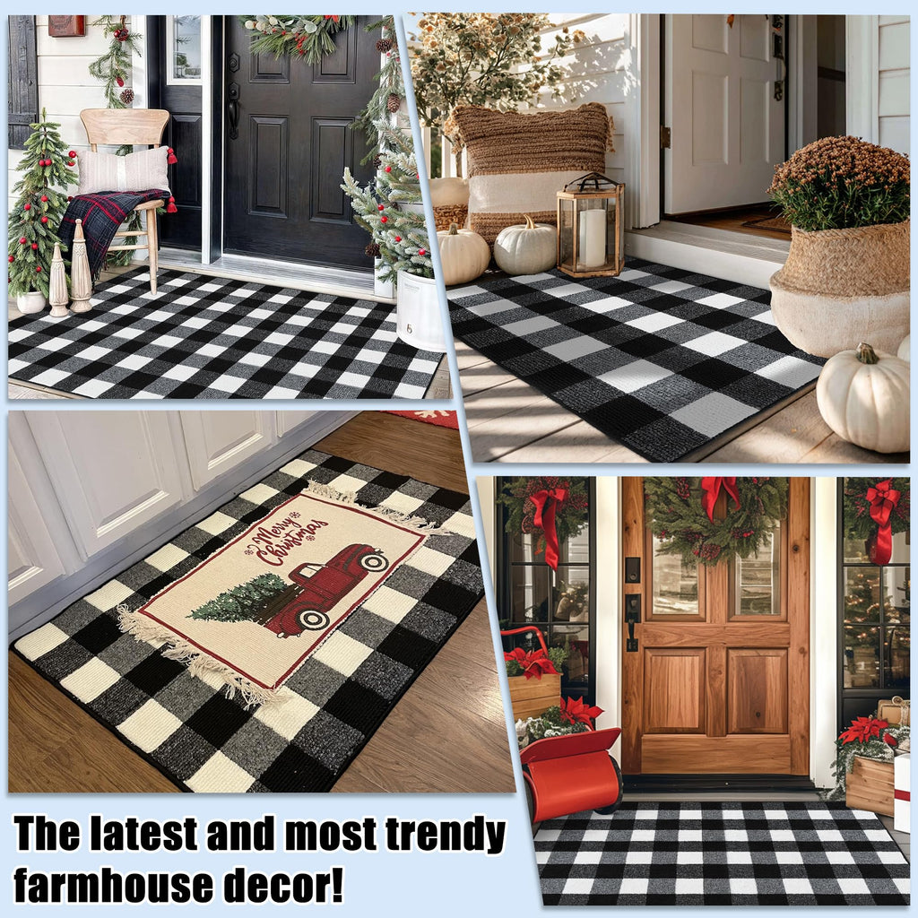 REFETONE Buffalo Plaid Rug 36"x59", Black and White Checkered Rug Rubber Backing Non-Slip Indoor Outdoor Rugs for Layered Door Mats, Washable Absorbent Carpet for Front Porch Farmhouse Entryway
