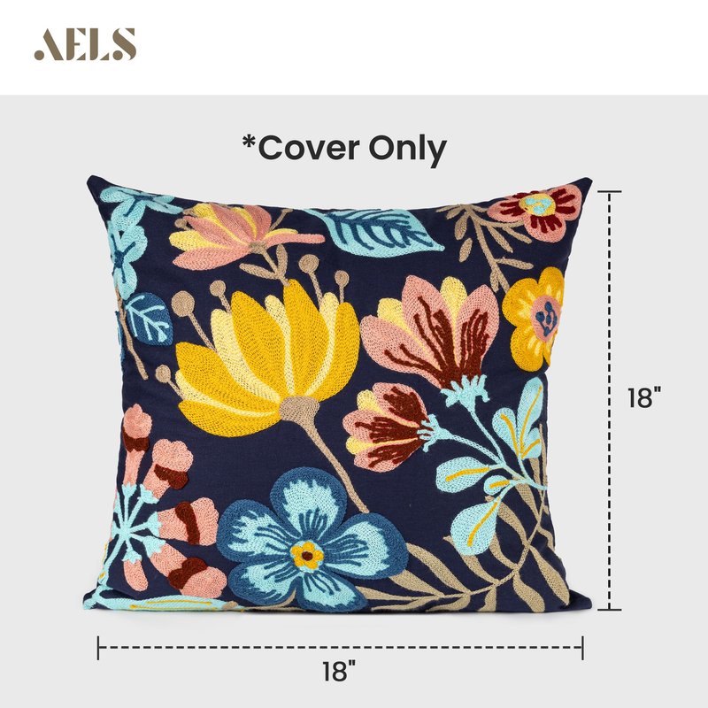AELS Embroidered Throw Pillow Covers 18"x18" Set of 2, Boho Chic Modern Farmhouse Floral Cotton Cushion Covers for Couch, Sofa, Bed, and Living Room Decor – Blue Yellow Flower