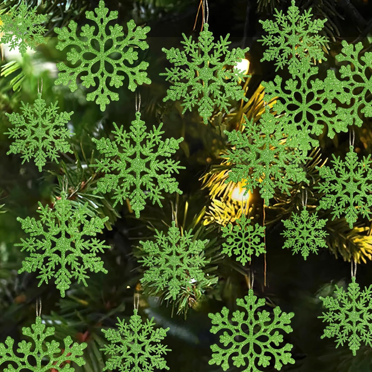 Skiennix 36pcs Christmas Lime Green Snowflake Ornaments - Plastic Hanging Decor for Holiday Home & Parties