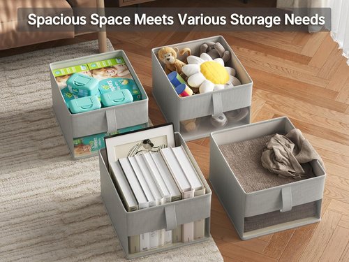 Foldable Storage Bins - Clear Window Fabric Organizers for Closet & Shelves | Odor-Free, Breathable Storage Boxes - 11.5x8.75x6.5in, Gray, 3-Pack