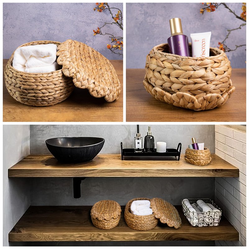 Set of 3 Wicker Storage Baskets with Lid - Decorative Handwoven Rattan Baskets for Organizing, Small Hyacinth Storage Boxes with Scalloped Edges, Natural Woven Storage Bins with Lids (Water Hyacinth)
