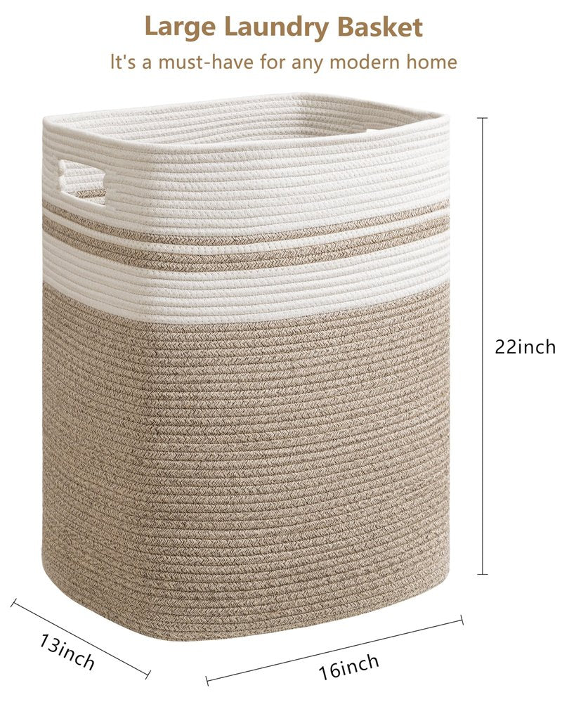 joybest Cotton Laundry Basket, Large Woven Rope Basket with Handles for Living Room and Bedroom, Stylish Storage Basket for Blankets, Toys, Clothes and Pillow - 22x16x13 Inches Gradient Brown
