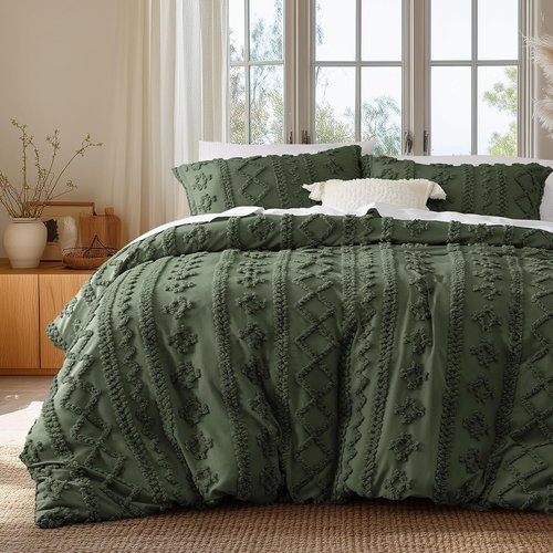 Bedsure Boho Duvet Cover - Soft & Comfortable Queen Size Bedding Set | Elegant Olive Green Design, Machine Washable