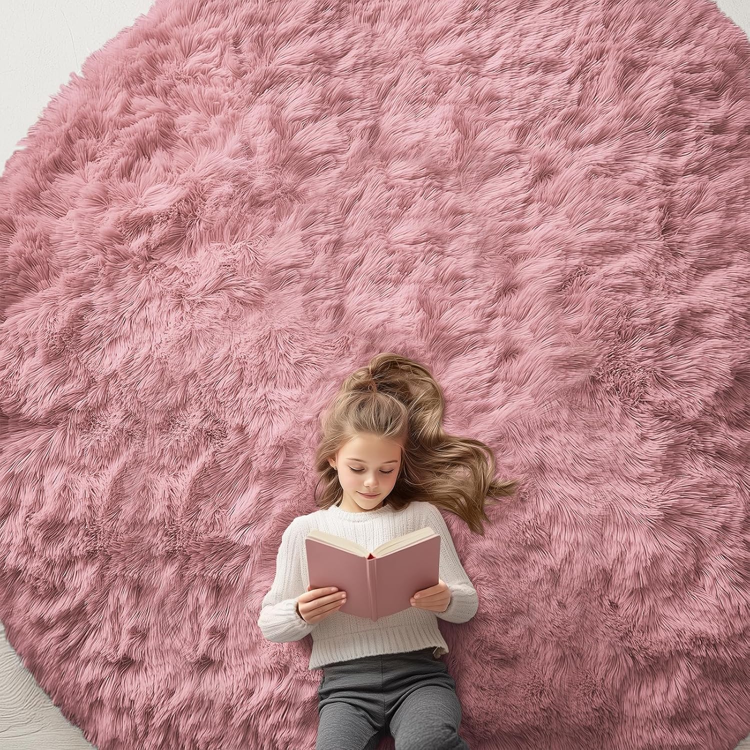 OLANLY Round Pink Area Rug - Soft, Fluffy, Machine Washable 9 ft Circle Carpet for Bedroom & Living Room
