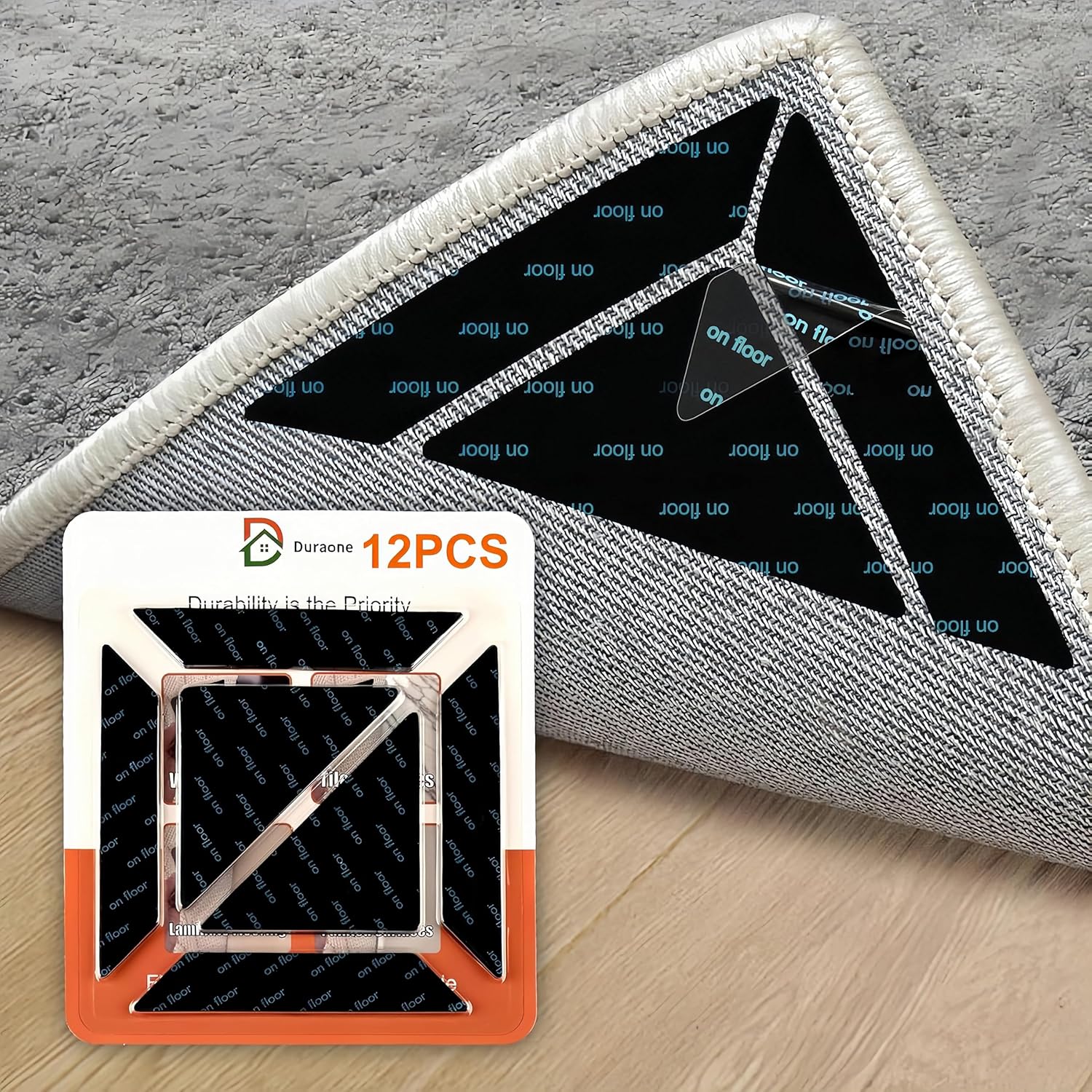 Skiennix 12 PCS Non-Slip Rug Gripper - Double-Sided Carpet Tape for Hardwood Floors | Black