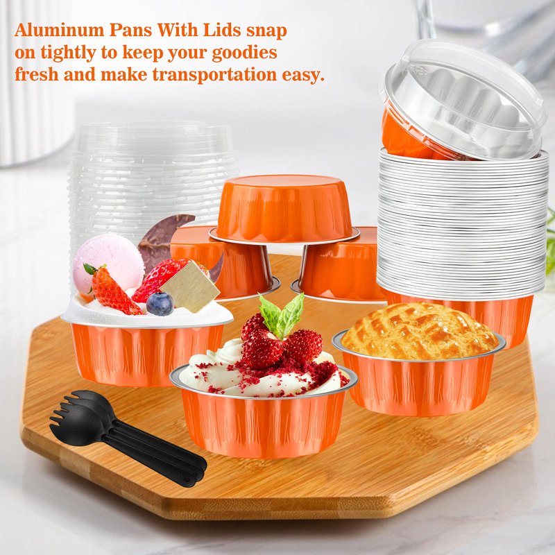 BAKINGPAK Round Baking Cups with Lids, 50PCS 8OZ Mini Aluminum Foil Pans Mini Cake Pans with Lids Cupcake Liners Muffin Pan Individual Cupcake Containers for Birthday, Orange