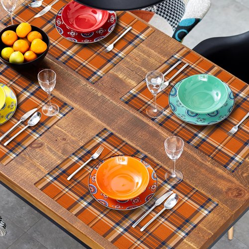 Fall Plaid Placemats Set of 4 Orange Navy Blue Buffalo Plaid Thanksgiving Themed Table Mats Farmhouse Place Mats Washable Linen Placemat for Party Kitchen Dining Decor 12x18 Inch
