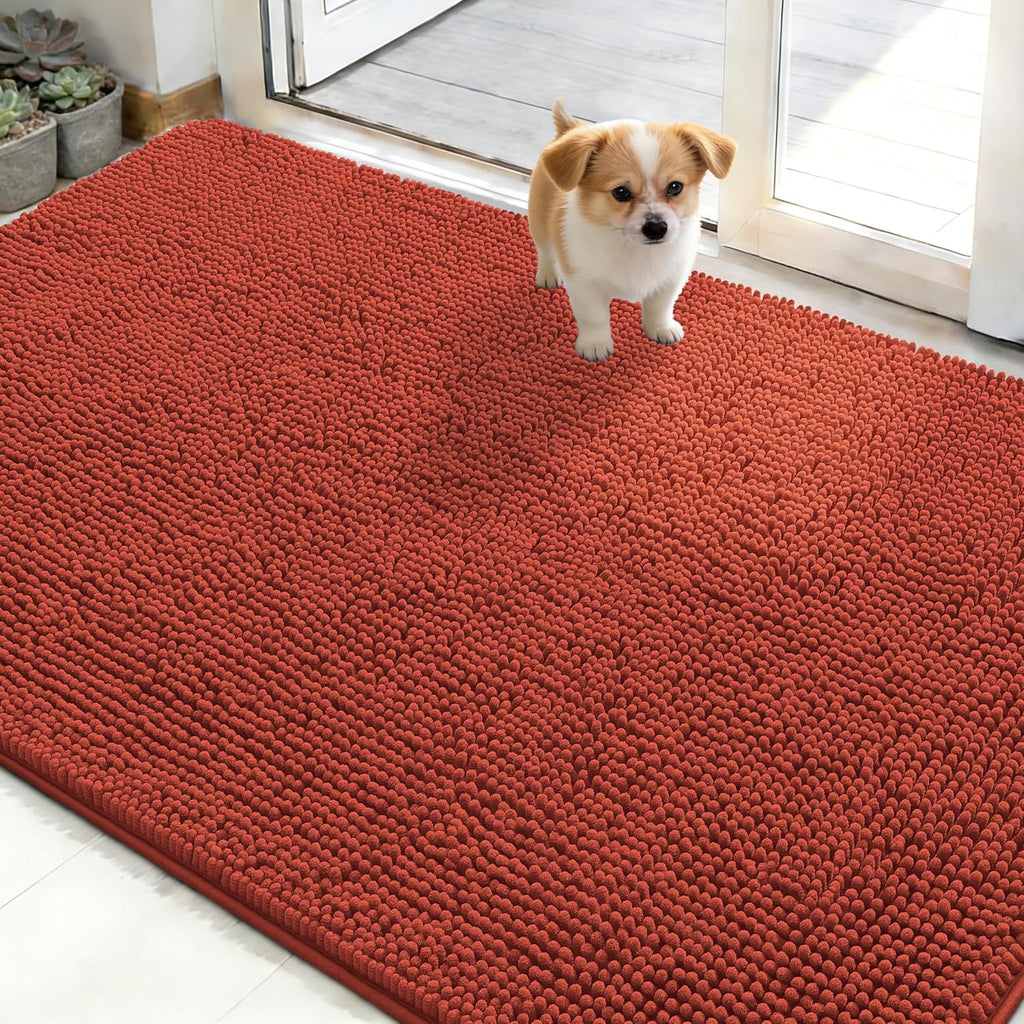 OLANLY Dog Door Mat - Absorbent Non-Slip Chenille Mat for Muddy Paws | 48x30, Maple Red