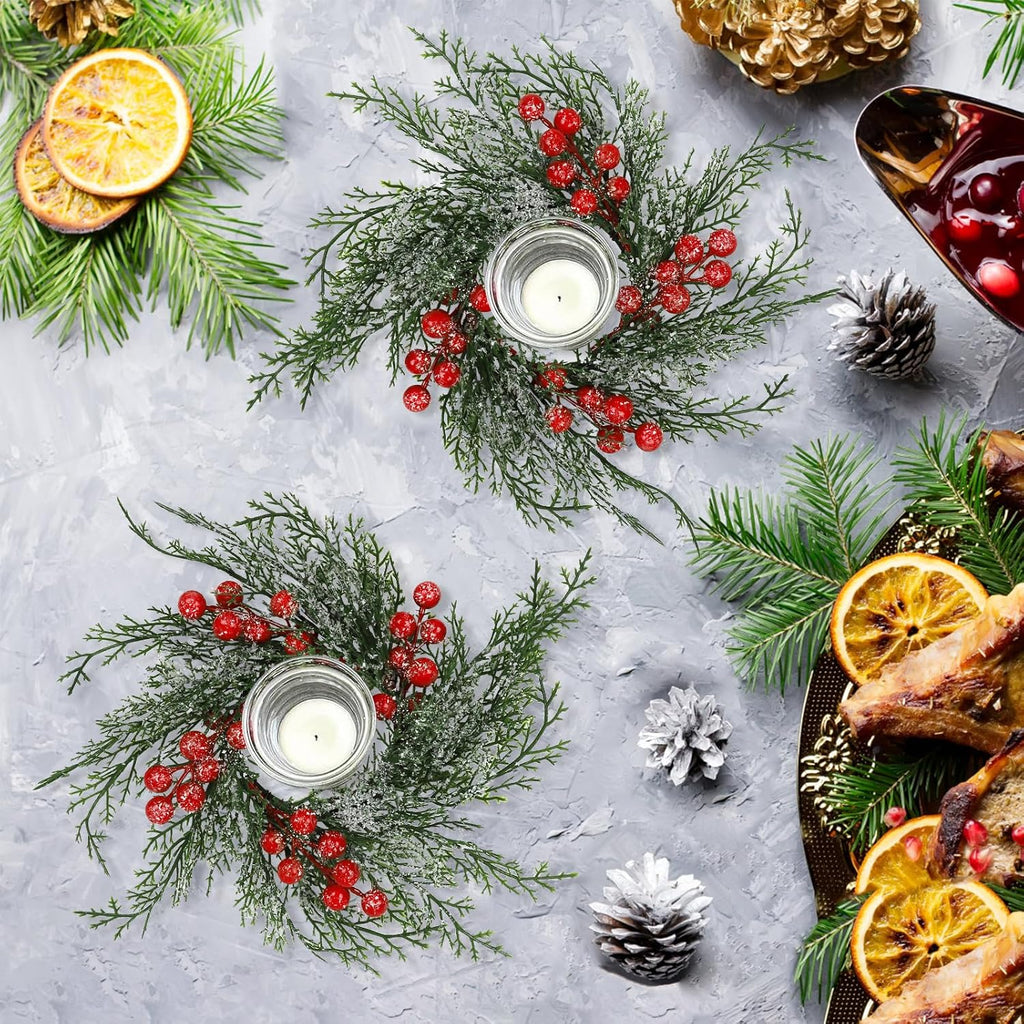 Regine Switzerland Christmas Candle Rings - Set of 6 Artificial Wreaths with Red Berries & Snowy Pine for Festive Table Centerpieces