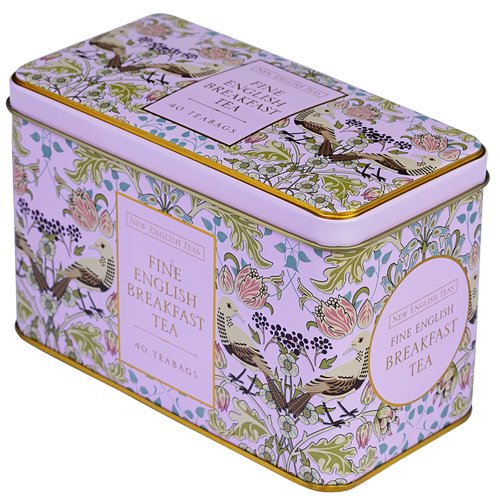 New English Teas Song Thrush and Berries Tea Tin in Pink with 40 English Breakfast Teabags