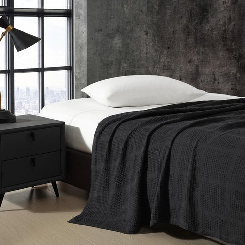 Kenneth Cole - King Blanket, 100% Textured Waffle Grid Cotton Blanket for Bed or Couch, Lightweight & Breathable for Year Round Comfort (Black)