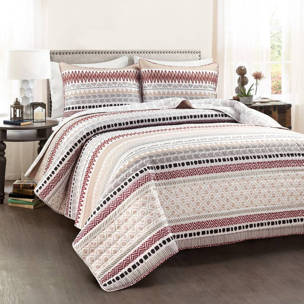 Lush Decor Southwest Stripe Reversible Quilt Queen Size 3 Piece Set Full/Queen Multi - Striped Bedding Set Queen Quilt - Southwestern Decor